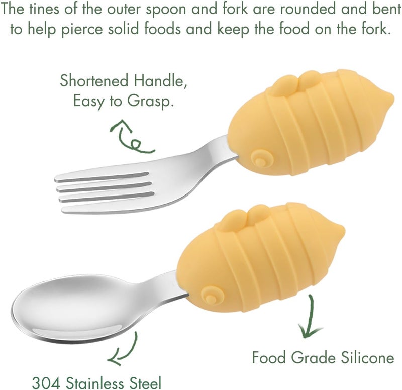 YIVEKO Baby Fork and Spoon Set with Carry Case Baby Training Utensils Self Feeding Toddler Silverware Silicone and Stainless Steel Kids and Toddler Utensil Set-Bees - Image 3